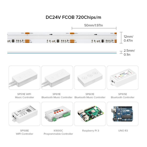 Fita LED Digital SPI 24V RGBIC COB 360 LED/m 5m IP20